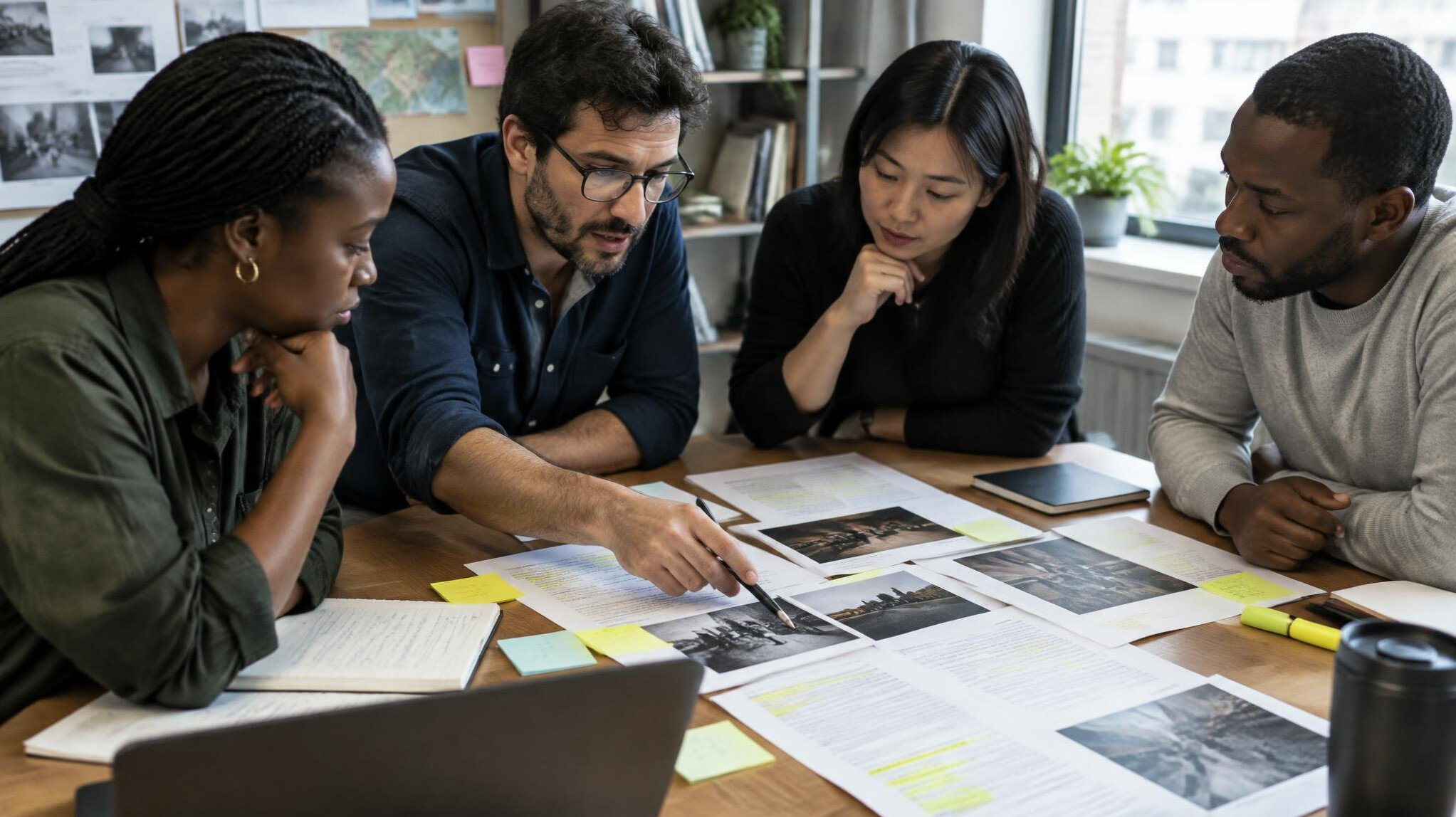 Editorial team reviewing a printed report around a table