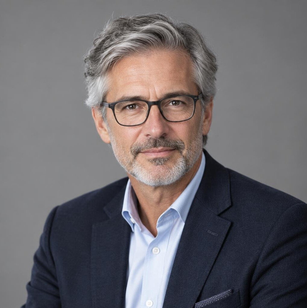 Portrait of a Swiss man editor in his 50s with glasses