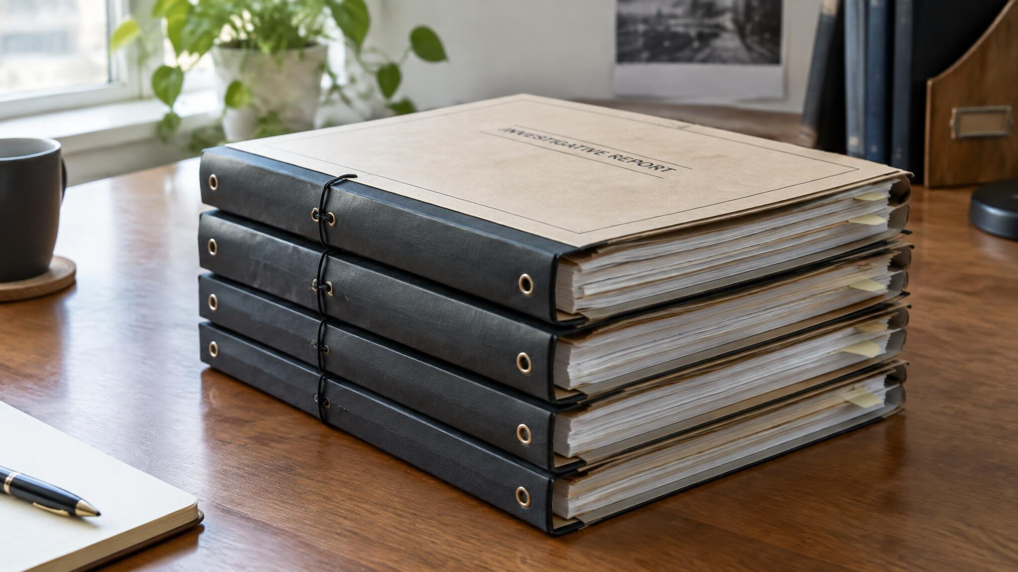 Stack of bound investigative reports on a desk