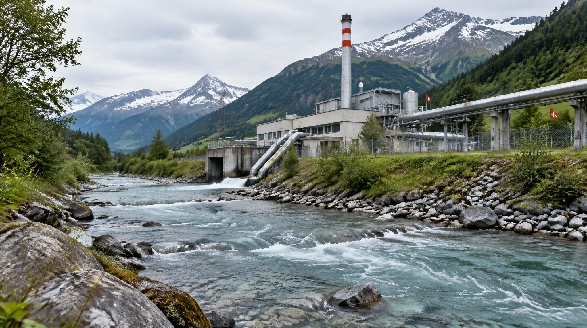 Swiss alpine river flowing past industrial infrastructure