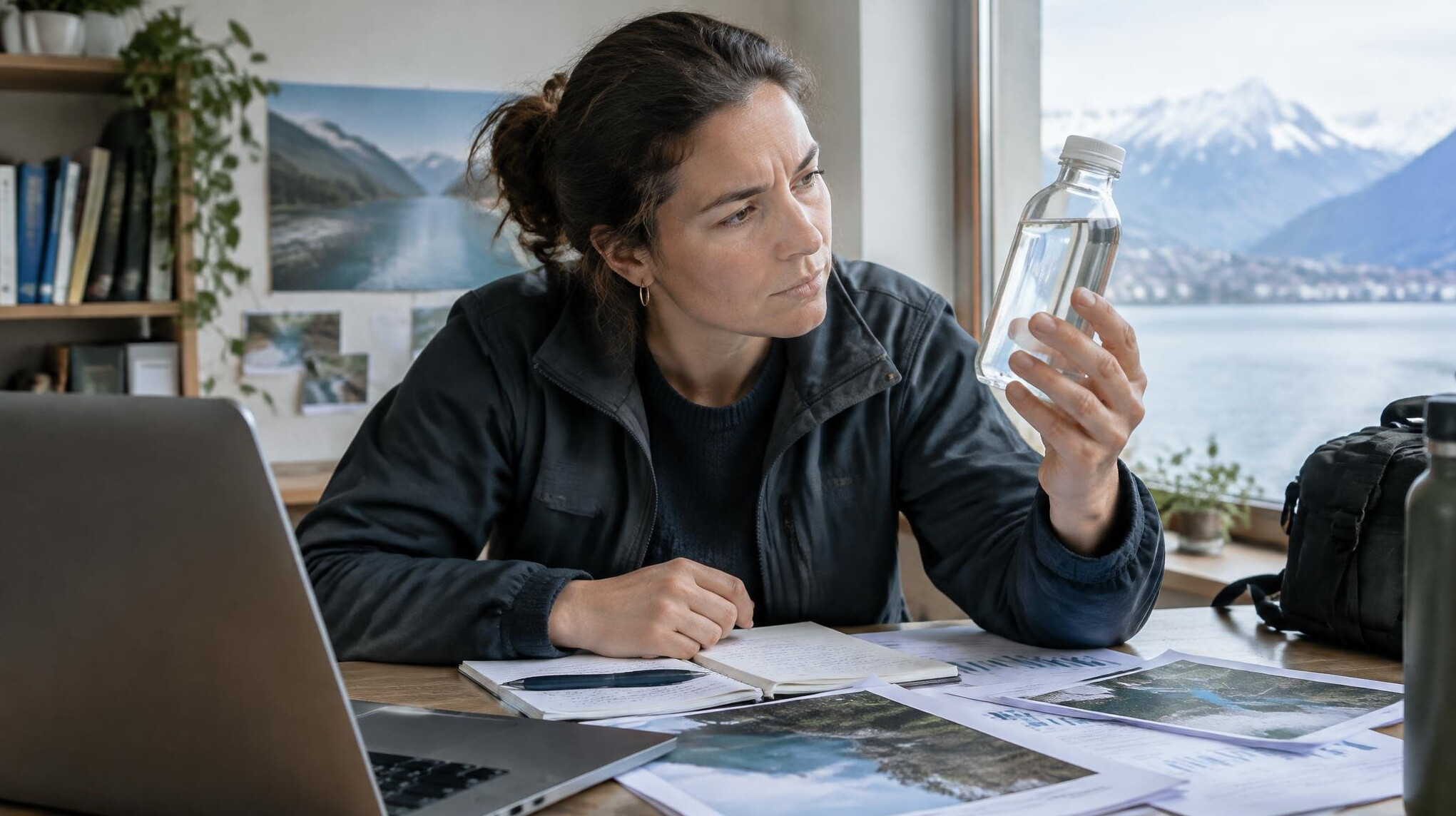 Investigative journalist examining documents and a water sample bottle