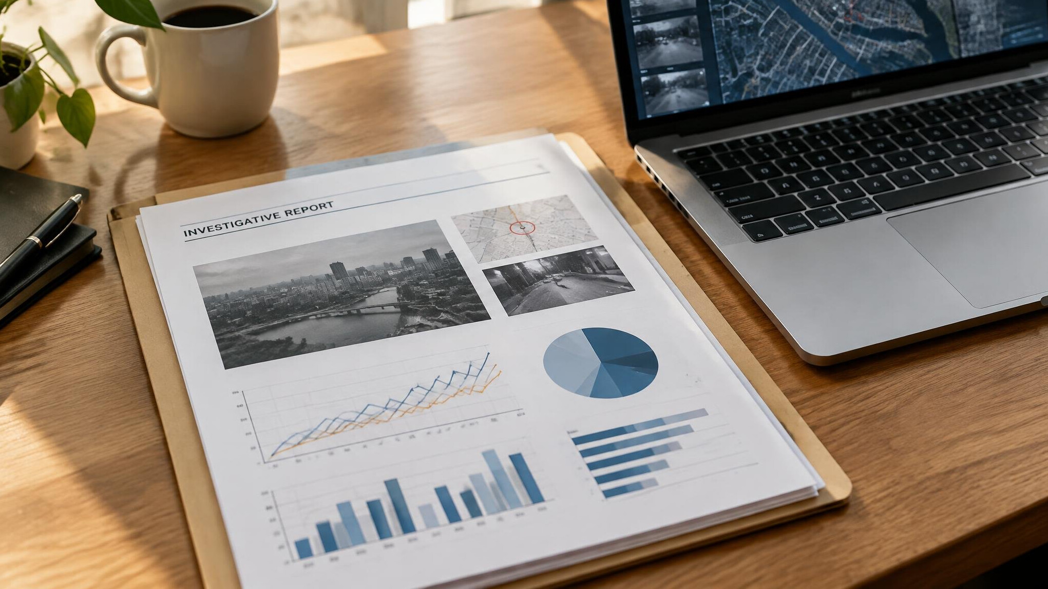 Printed investigative report with charts next to a laptop