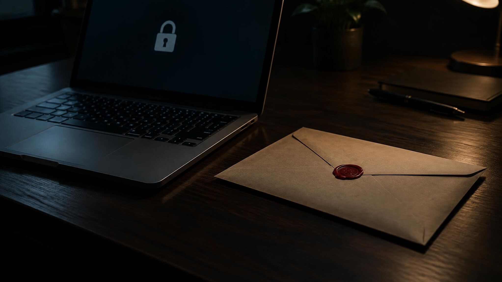 Laptop and sealed envelope on a dark desk representing a confidential tip