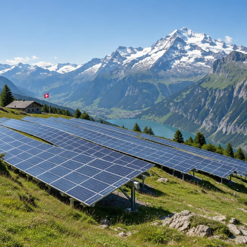Solar panel installation on an alpine hillside