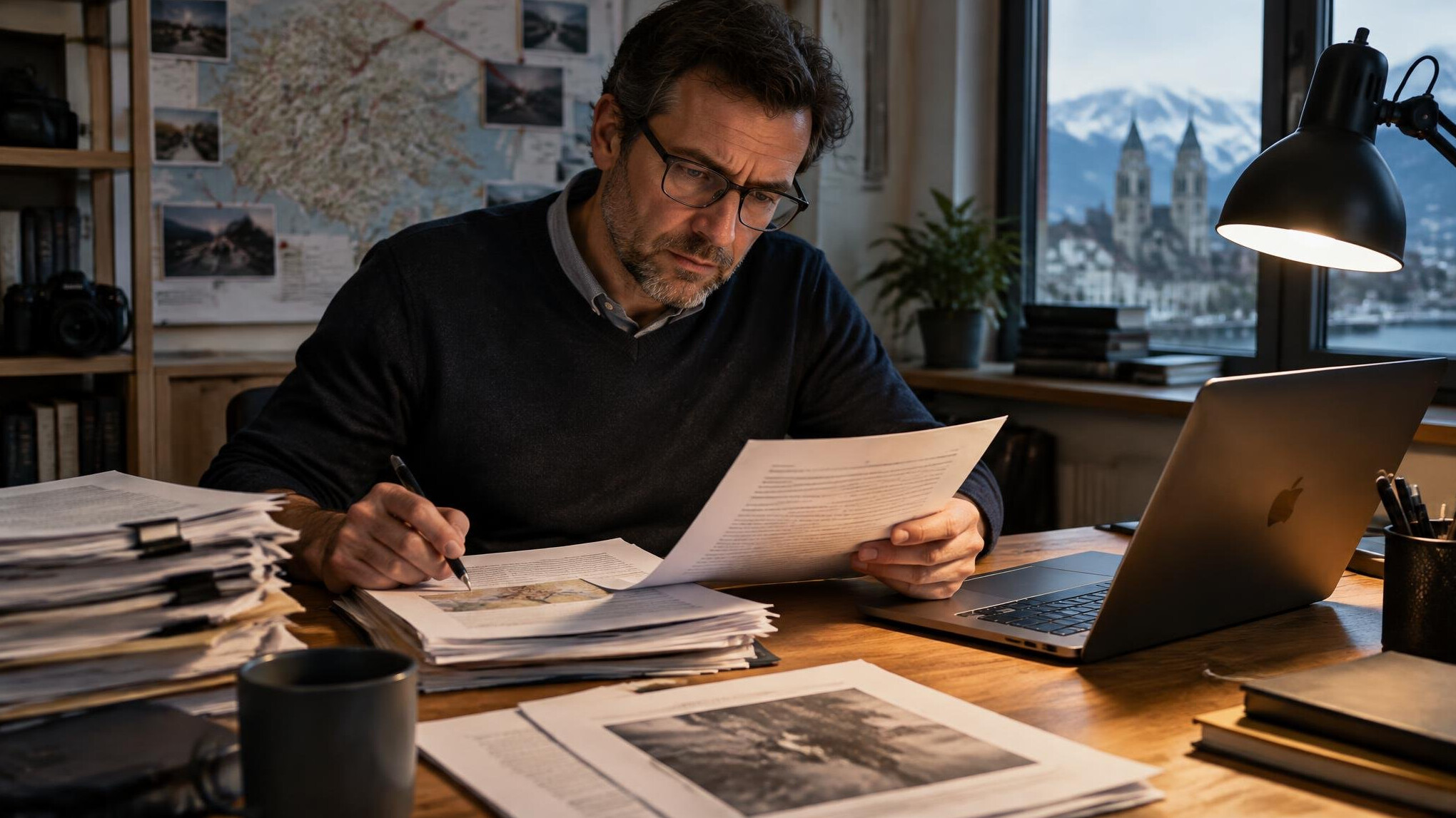 Journalist reviewing printed documents and reports at a desk