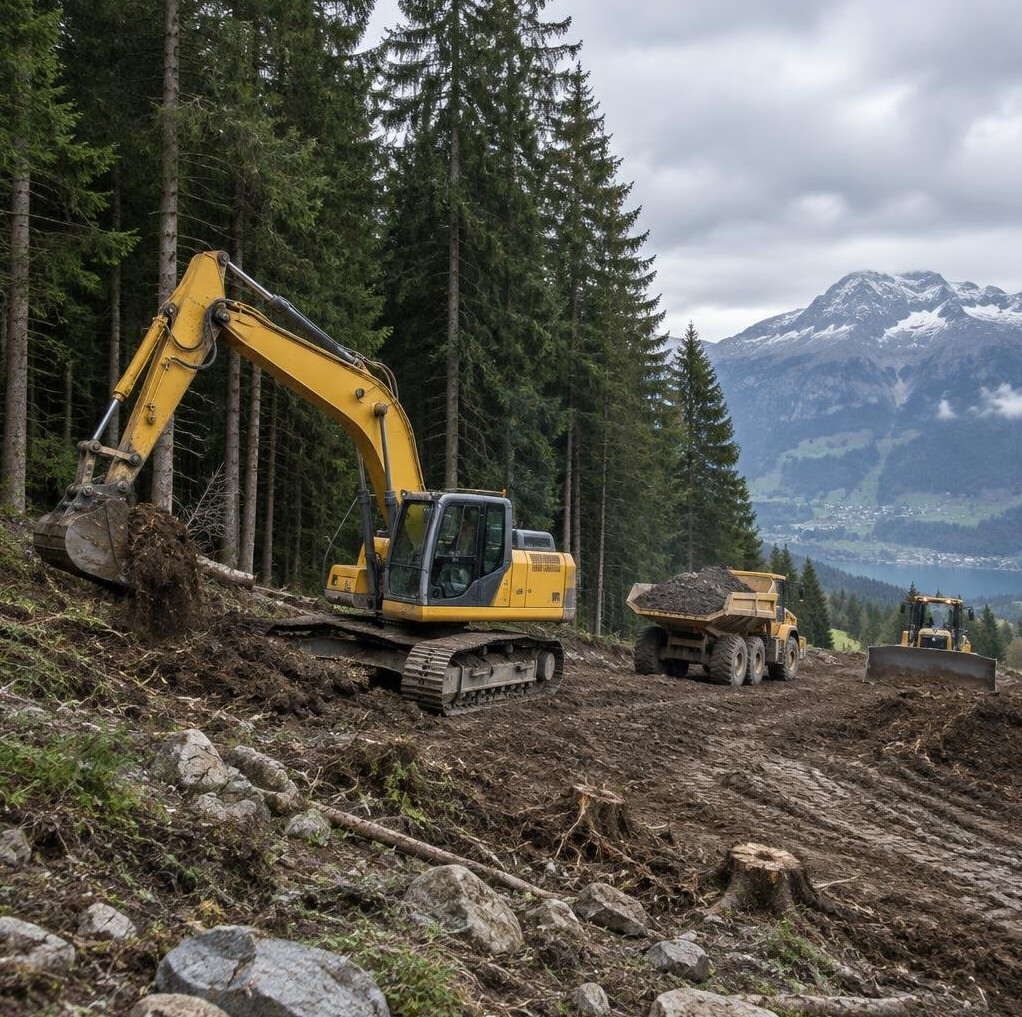 Construction machinery working at the edge of a forest